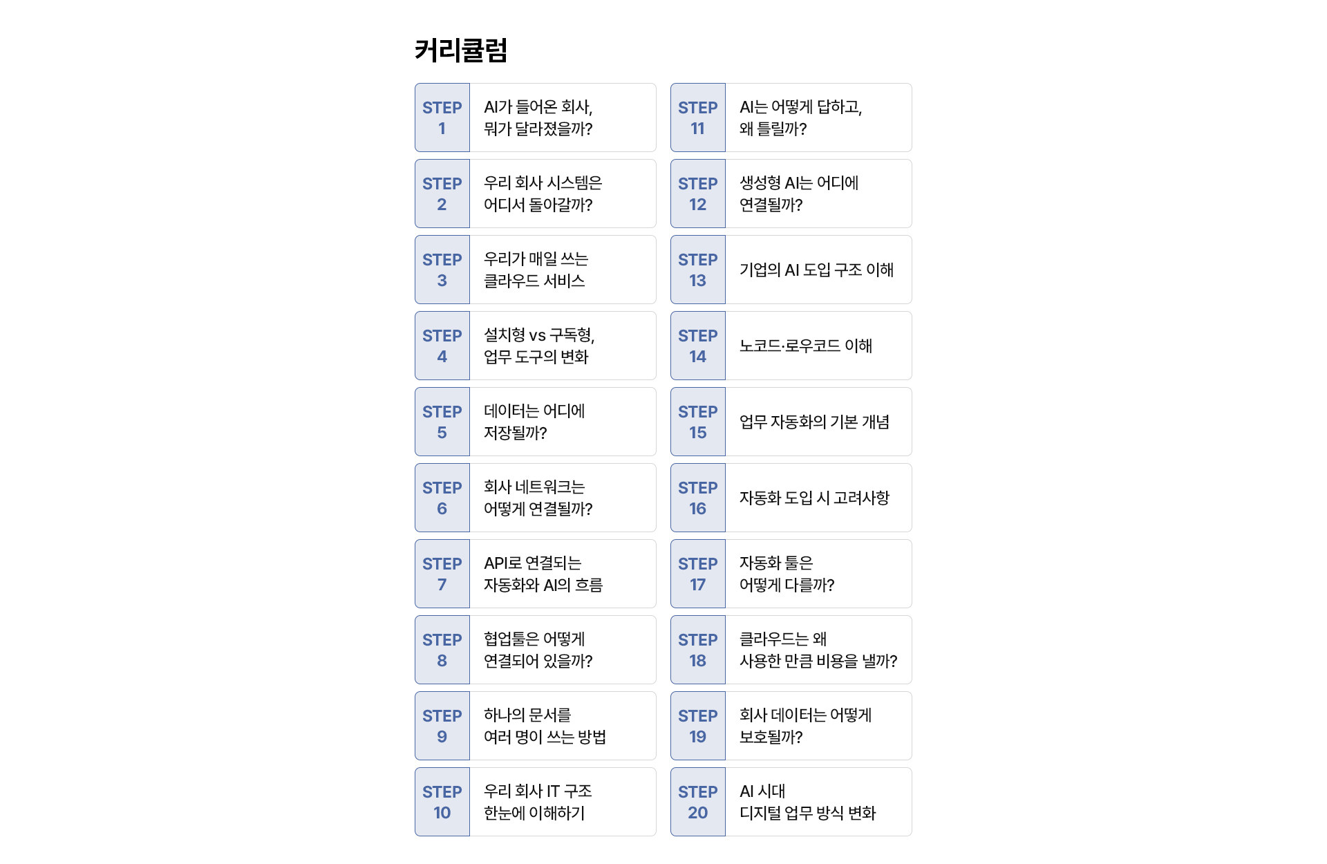 커리큘럼 STEP 1~20: 회사 IT 구조와 클라우드·데이터·네트워크·협업툴부터 API와 생성형 AI, 노코드·업무 자동화, 클라우드 비용과 데이터 보호까지 20개 주제