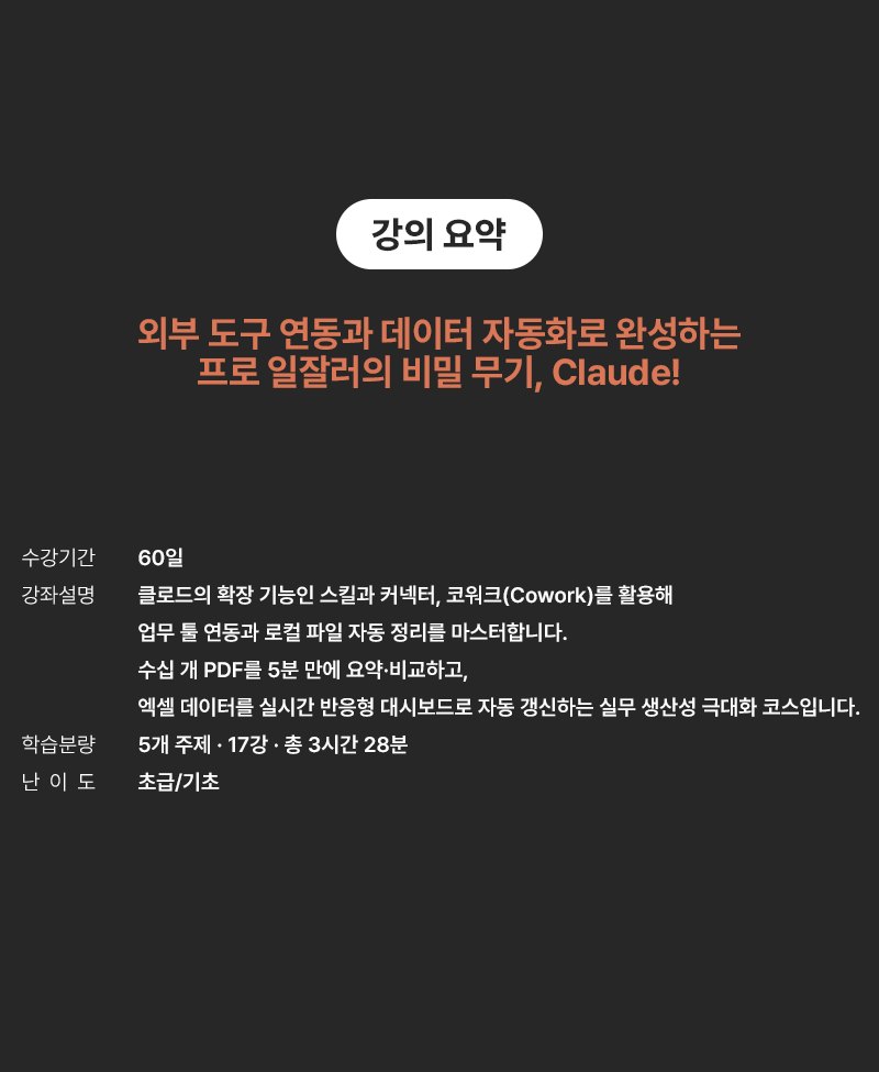 강의 요약 - 외부 도구 연동과 데이터 자동화로 완성하는 프로 일잘러의 비밀 무기, Claude! 수강기간 60일. 강좌설명: 클로드의 확장 기능인 스킬과 커넥터, 코워크(Cowork)를 활용해 업무 툴 연동과 로컬 파일 자동 정리를 마스터합니다. 수십 개 PDF를 5분 만에 요약·비교하고, 엑셀 데이터를 실시간 반응형 대시보드로 자동 갱신하는 실무 생산성 극대화 코스입니다. 학습분량 5개 주제·17강·총 3시간 28분, 난이도 초급/기초