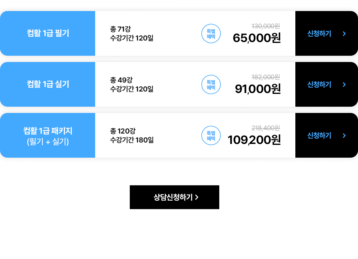 컴활 1급 필기. 총 71강. 수강기간 120일. 특별혜택: 13만원에서 6만5천원으로 할인. 컴활 1급 실기. 총 49강. 수강기간 120일. 특별혜택: 18만2천원에서 9만1천원으로 할인. 컴활 1급 패키지(필기+실기). 총 120강. 수강기간 180일. 특별혜택: 21만8천4백원에서 10만9천2백원으로 할인.