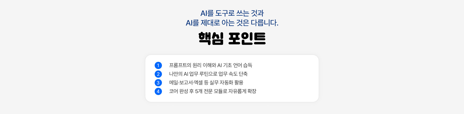핵심 포인트 4가지 - 프롬프트의 원리 이해와 AI 기초 언어 습득, 나만의 AI 업무 루틴으로 업무 속도 단축, 메일·보고서·엑셀 등 실무 자동화 활용, 코어 완성 후 5개 전문 모듈로 자유롭게 확장