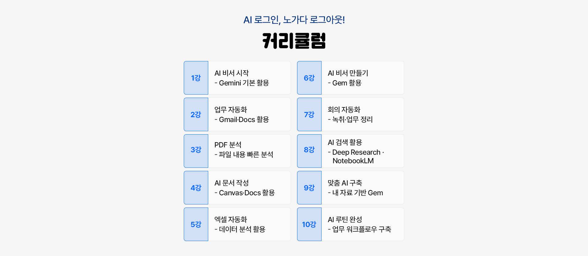커리큘럼 1강부터 10강까지 - 1강 AI 비서 시작, 2강 업무 자동화, 3강 PDF 분석, 4강 AI 문서 작성, 5강 엑셀 자동화, 6강 AI 비서 만들기, 7강 회의 자동화, 8강 AI 검색 활용, 9강 맞춤 AI 구축, 10강 AI 루틴 완성
