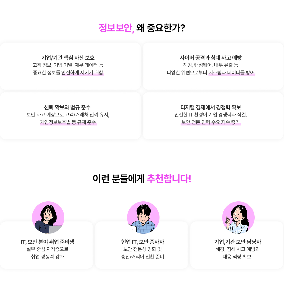 정보처리산업기사 자격증 취득해야 하는 이유! IT, 개발자, 소프트웨어 관련 기업 취업 및 공기업, 공기관 가산점 인정! AI, IT 시대에 대세인 국가 자격증. 국가직무능력표준(NCS) 기반 직무 능력 증명 → 기업에서 NCS 기반 채용 시 유리. 학점은행 수강생은 16학점 학점인정! 정보처리산업기사 강의를 들어야하는 이유! Point 1: 최근 시험 경향을 반영한 최신 강의! Point 2: 단기 합격을 위한 커리큘럼과 이해하기 위한 쉬운 설명. Point 3: 강의 내용을 토대로한 PDF 파일 무료 제공