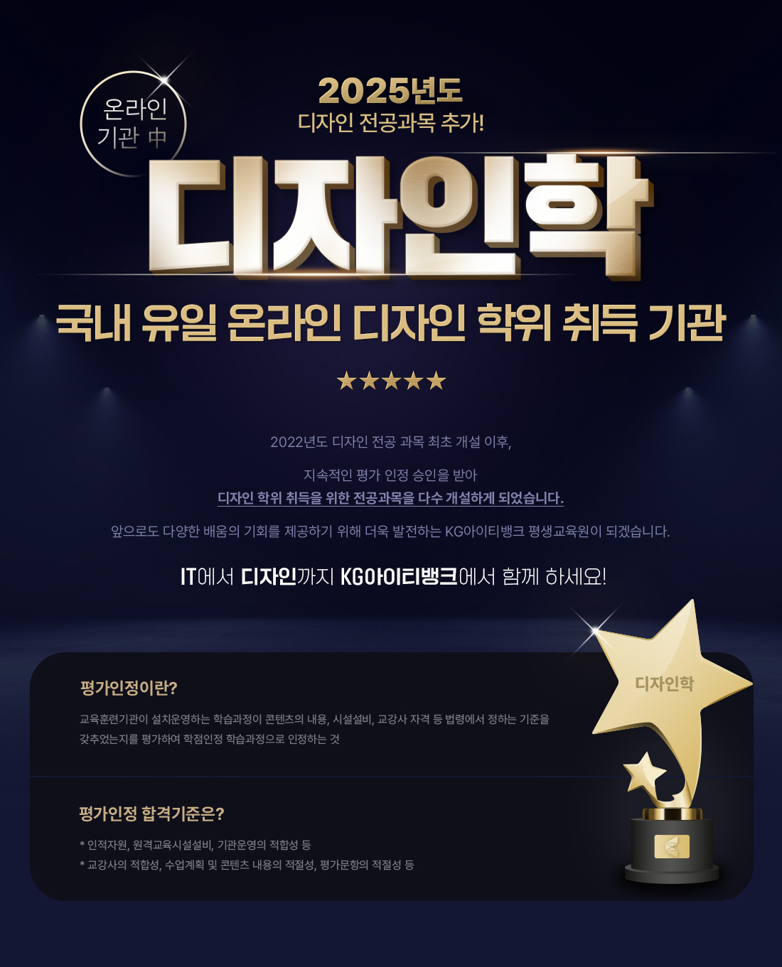 2024년도 디자인 전공과목 추가! 온라인 기관 중 디자인학 국내 유일 온라인 디자인 학위 취득 기관. 2022년도 디자인 전공 과목 최초 개설 이후, 지속적인 평가 인정 승인을 받아 디자인 학위 취득을 위한 전공과목을 다수 개설하게 되었습니다. 앞으로도 다양한 배움의 기회를 제공하기 위해 더욱 발전하는 케이지아이티뱅크 평생교육원이 되겠습니다. IT에서 디자인까지 케이지아이티뱅크에서 함께 하세요! 평가인정이란? 교육훈련기관이 설치운영하는 학습과정이 콘텐츠의 내용, 시설설비, 교강사 자격 등 법령에서 정하는 기준을 갖추었는지를 평가하여 학습과정으로 인정하는 것. 평가인정 합격기준은? * 인적자원, 원격교육시설설비, 기관운영의 적합성 등. * 교강사의 적합성, 수업계획 및 콘텐츠 내용의 적절성, 평가문항의 적절성 등.