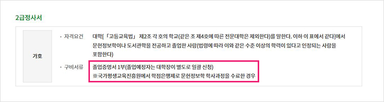 2급정사서. 가호. 자격요건. 대학(고등교육법 제2조 각 호의 학교, 같은 조 제4호에 따른 전문대학은 제외한다)에서 문헌정보학이나 도서관학을 전공하고 졸업한 사람(법령에 따라 이와 같은 수준 이상의 학력이 있다고 인정되는 사람을 포함한다). 구비서류. 졸업증명서 1부(졸업예정자는 대학장이 별도로 일괄 신청). 국가평생교육진흥원에서 학점은행제로 문헌정보학 학사과정을 수료한 경우.