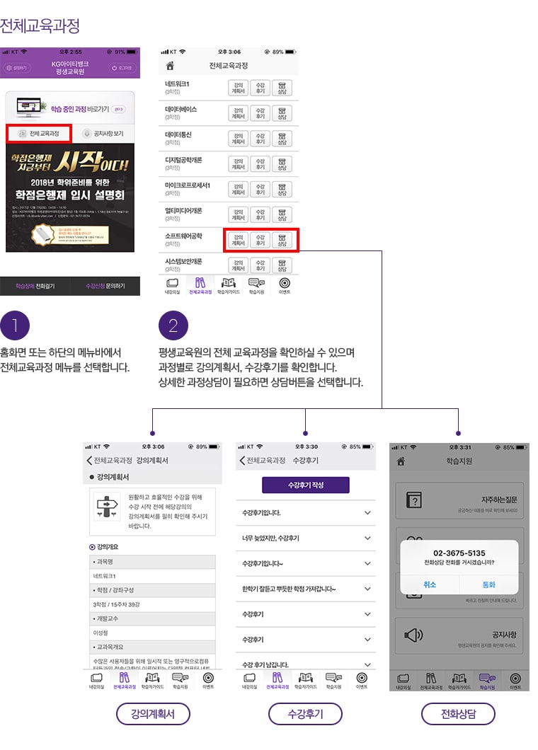 전체교육과정. 1. 홈화면 또는 하단의 메뉴바에서 전체교육과정 메뉴를 선택합니다. 2. 평생교육원의 전체 교육과정을 확인하실 수 있으며 과정별로 강의계획서, 수강후기를 확인합니다. 상세한 과정상담이 필요하면 상담버튼을 선택합니다. 강의계획서, 수강후기, 전화상담 버튼 이동.